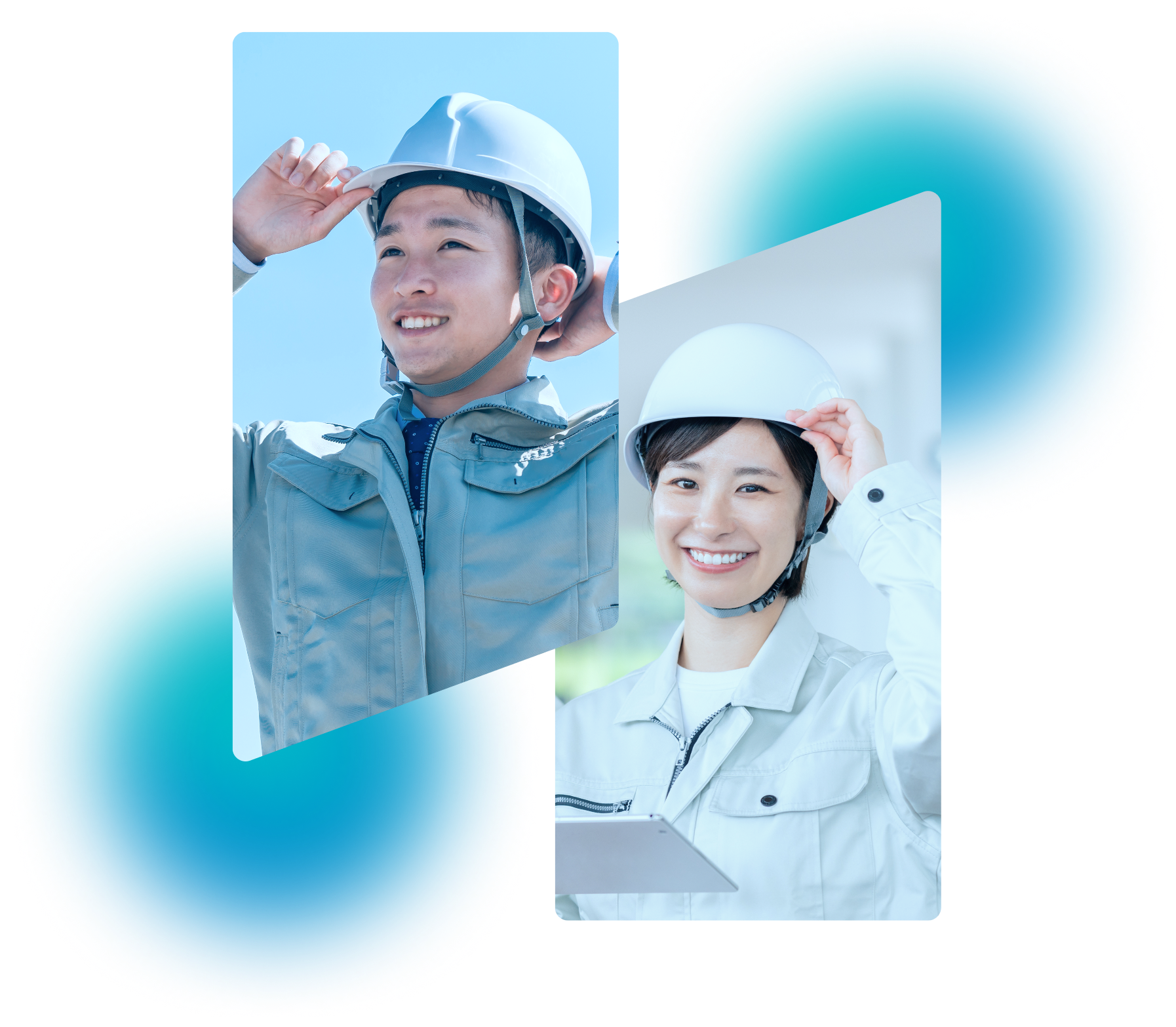 ヘルメットを着用し笑顔を見せる男性社員と女性社員